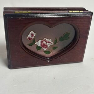 Vintage Wood Jewelry Trinket Box Heart Glass Floral Rose Hand Painted Cottage